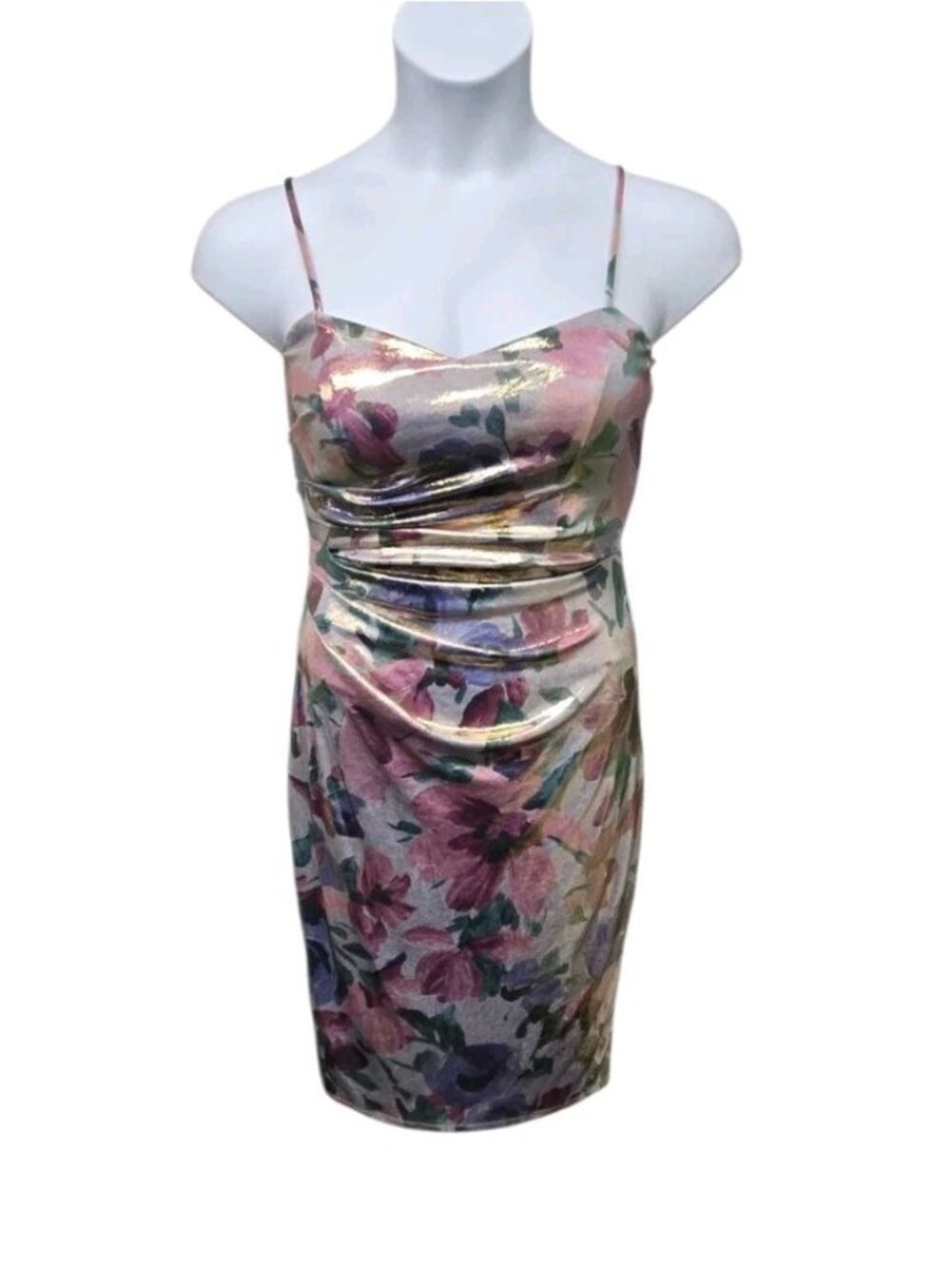 City Studios Shimmer Foil Dress Juniors Size Large Floral Print Bodycon Coquette